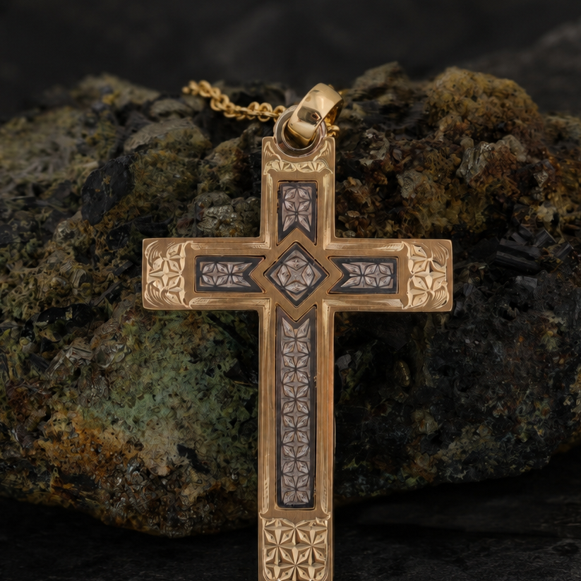 Hand Engraved Two-Tone Cross Pendant
